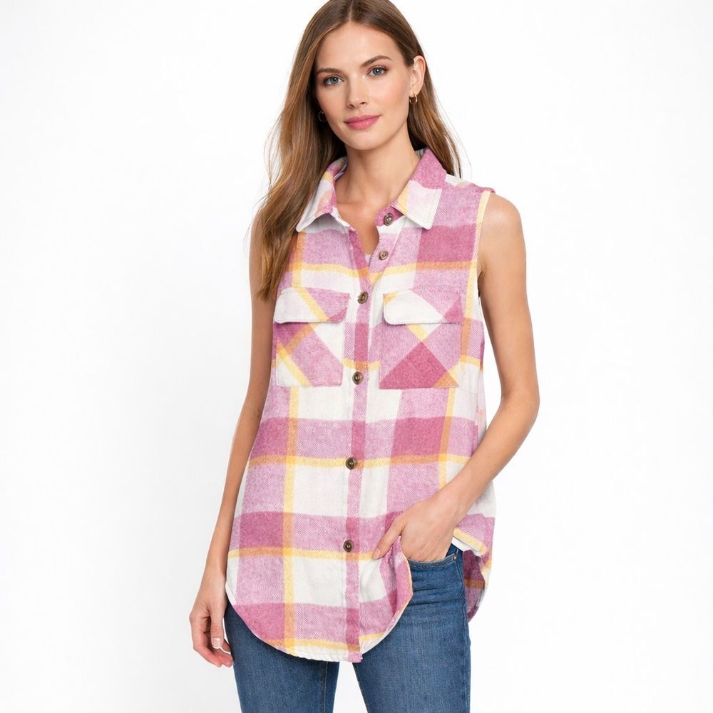 Love Tree Pink Yellow Plaid Sleeveless Shacket Vest Casual Layering Size Small
